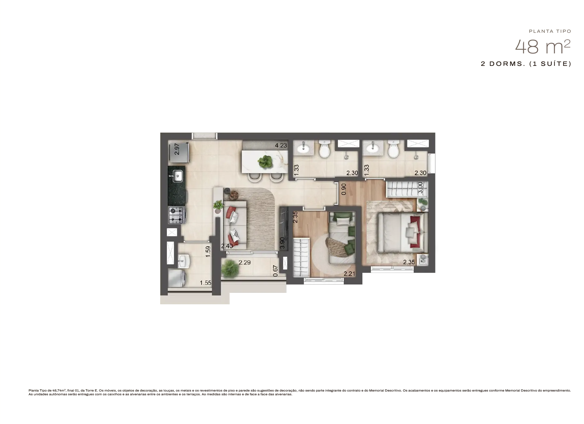 Planta humanizada Planta de 48m² — Jardim da Hípica Apartments
