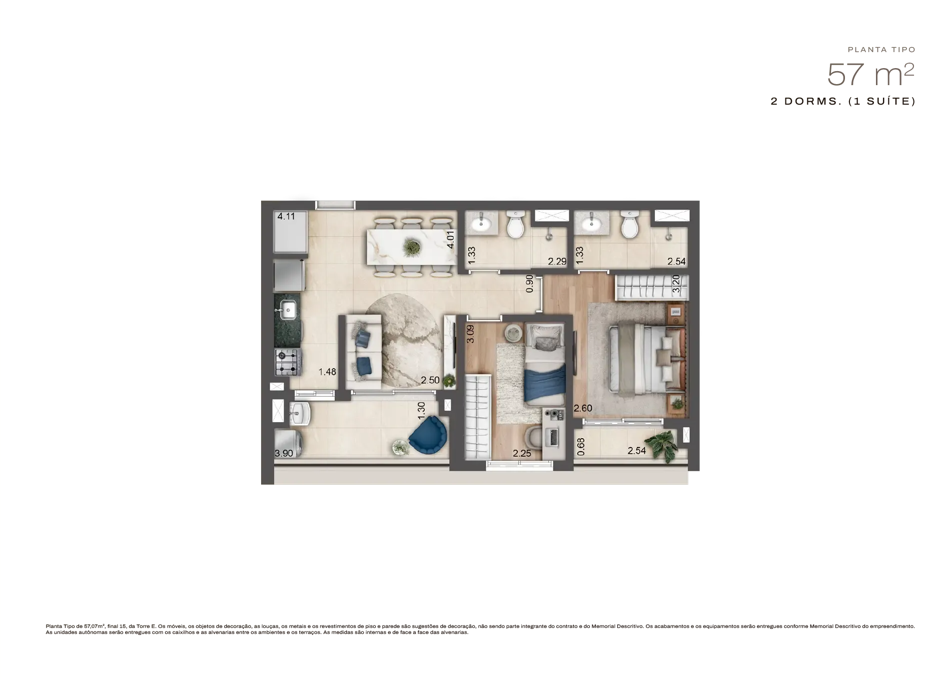 Planta humanizada Planta de 57m² — Jardim da Hípica Apartments